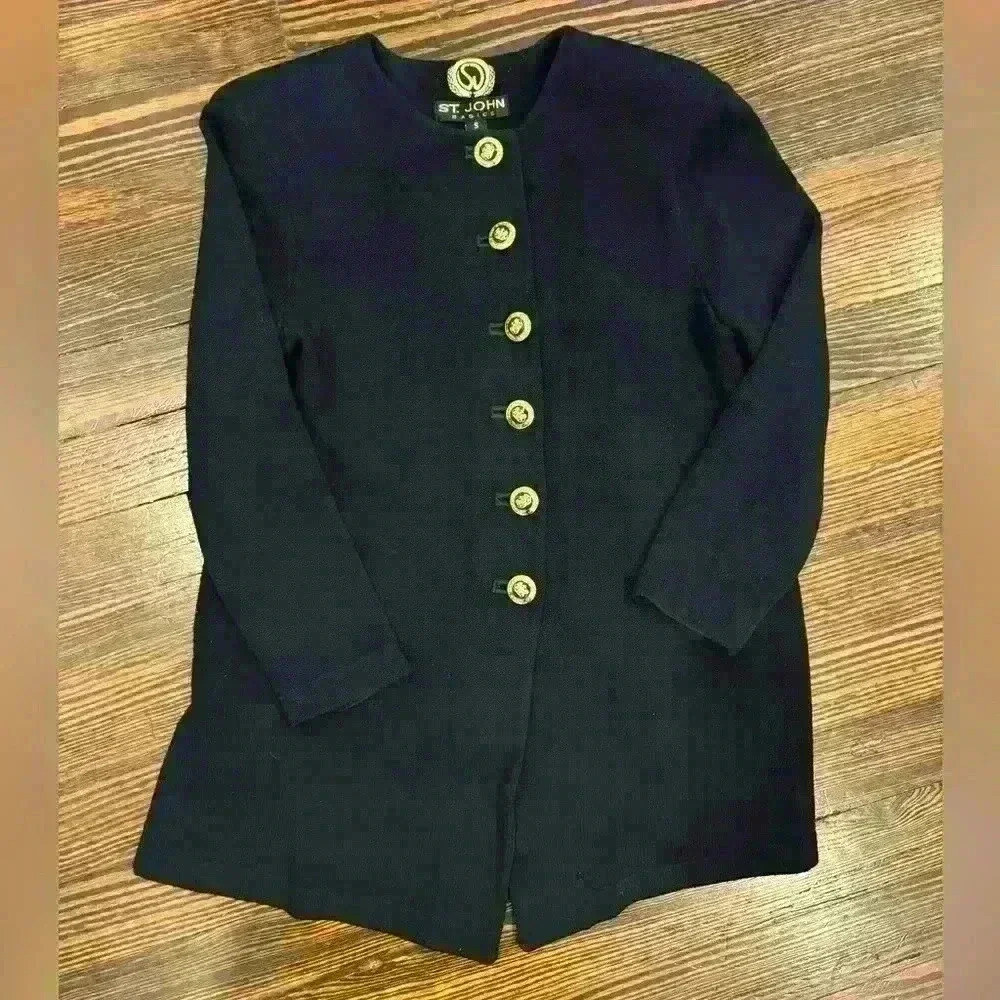 A12 Womens St. John Basics Black Santana Knit Button Down Long Slv Sweater Sz Sm